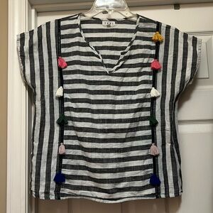 Anthropologie THML White and Black with Pom Pom’s SS Cotton Top Large